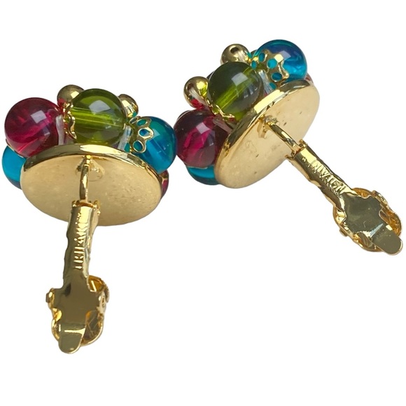 Signed Trifari Jewel-Toned Glass Bead Clip Earrings - Picture 5 of 12